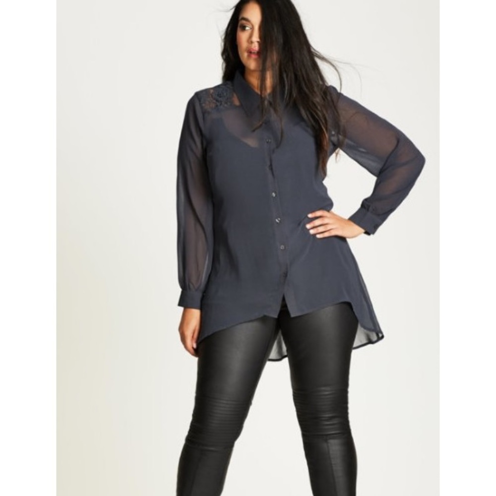 City Chic Flutter Lace Shirt - graphite